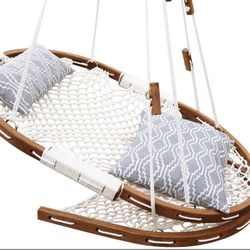 NEW* Deluxe Unique Hammock Chair with Footrest, Canvas Taupe Cushions, Rope Net Hanging Swing