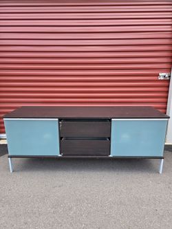 Dark Brown TV Stand w/ Glass Sliding Doors & Drawers