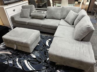 GRAY SOFT CORDUROY SECTIONAL WITH OTTOMAN COUCH SET 