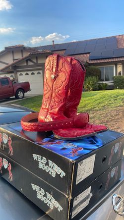 Red Ostrich Boots With Belt