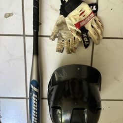 Baseball Helmet, Bat And Used Gloves