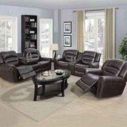 Brown Leather Fully Reclining Three Piece Couch Set