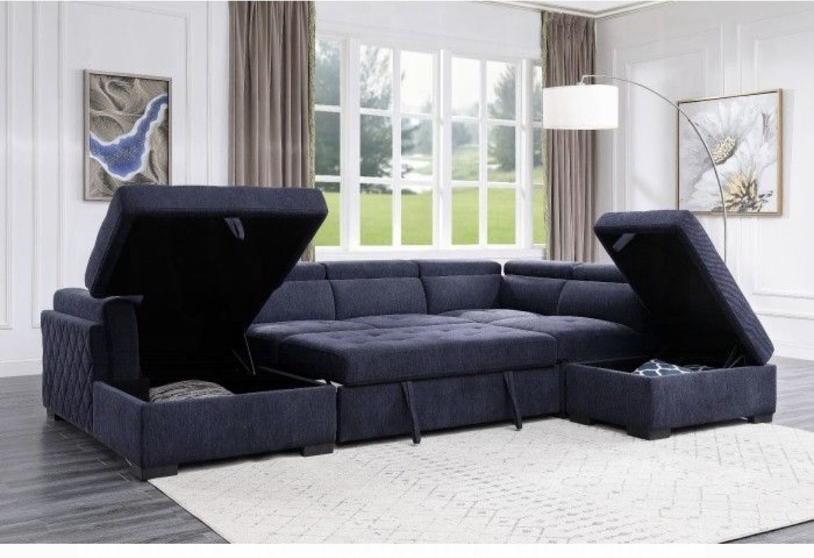 Brand New Elegant Navy Blue Pullout Sectional Sleeper W/ Storage