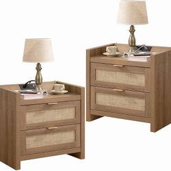 Night Stand Set of 2 - Rattan Nightstands with Type-C Charging Station, 2 Rattan Drawers - Boho Bed Side Tables End Table for Small Space - Natural Oa