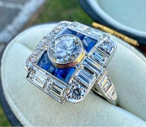 Estate Art Deco Platinum Diamond Sapphire Ring