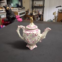 Cracker Barrel Miniature Teapot Hand-painted With Pink Rose Design Ornate Scalloped Edges Gilded Made Of Porcelain 4.5"Tall (Use As A Creamer)
