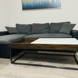 Couch, sleeping sofa, leather, fabric, grey/black