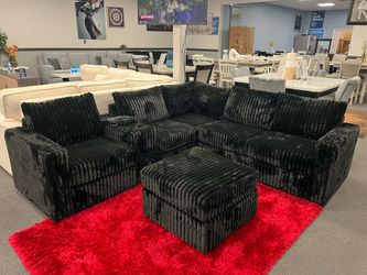 Black Sofa Sectional w/ Ottoman & Cupholders