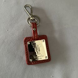 Tignanello Purse Key Fob Keychain Hang Tag Leather and Chrome Metal Red. 