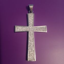 Large 9SQ Stainless Steel Silver Crystal Gem Holy Cross Pendant