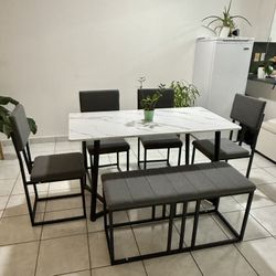 6-Piece Dining Table Set Marble Rectangular Table 4 chairs and bench