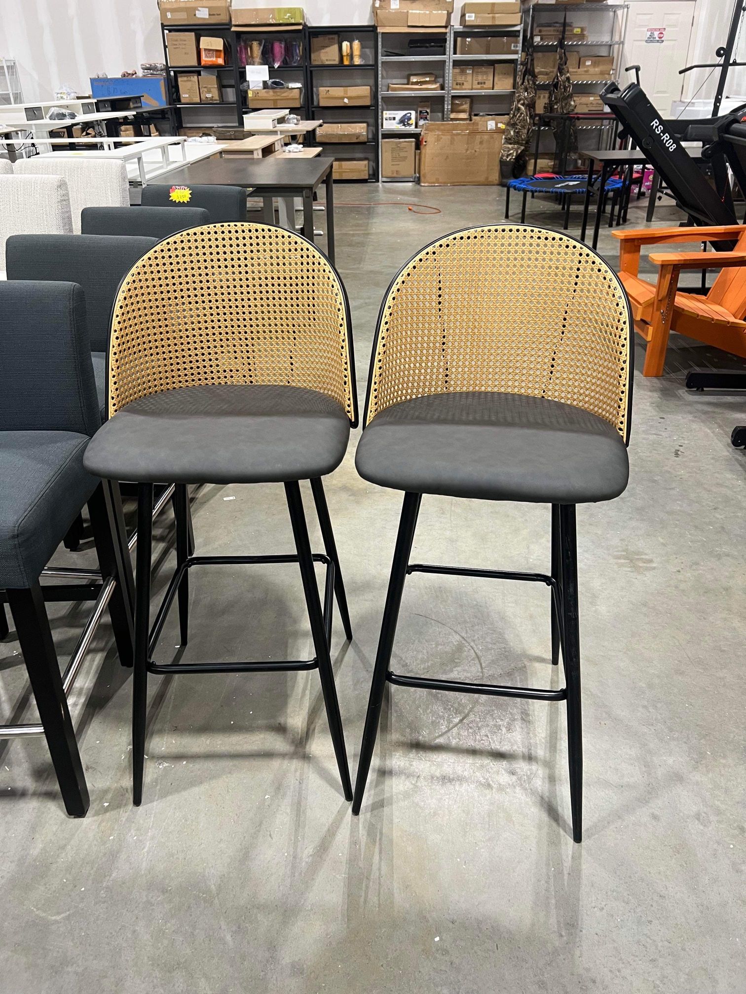 Swivel Bar Height Stools Set of 2, Mid Century Modern 29" Bar Chairs with Rattan Back and Metal Legs