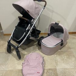 Uppababy Cruz V2 Stroller with Bassinet and Cozy Ganoosh Pink