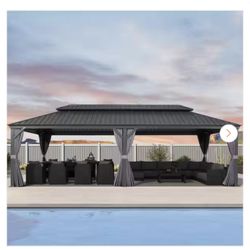 12 ft.x 28 ft. Luxury Aluminum Frame Hardtop Gazebo Canopy for Patio Deck Backyard with Netting, Hooks, Upgraded Curtain