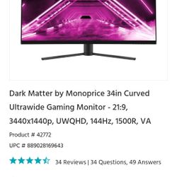 Monoprice Dark Matter 34 Inch Ultrawide 144hz  Quantum Dot LCD  Monitor 