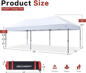 ABCCANOPY 10x20 Pop Up Canopy Tent, Heavy Duty Weather Protection, White Easy Setup, Portable Wheeled Carry Bag, UV50+, Sand Bags, Stakes & Guy Lines 