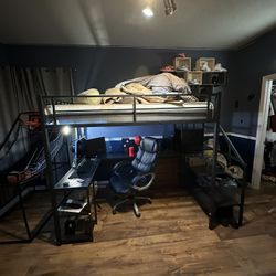 Full Size Loft Bed with Stairs and Desk, Metal Gaming Loft