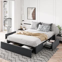 Allewie Full Size Platform Bed Frame with 3 Storage Drawers, Fabric Upholstered, Wooden Slats Support, No Box Spring Needed, Noise Free, Easy Assembly