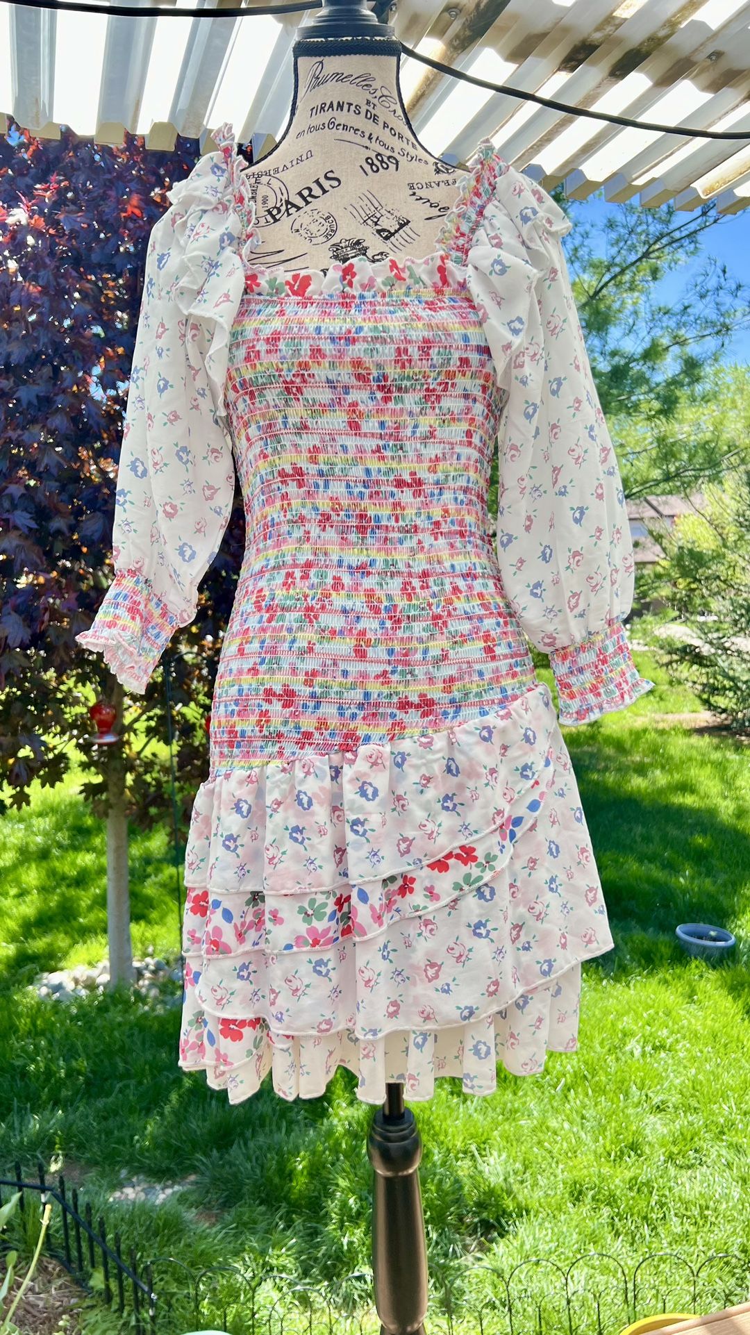This oh so pretty LoveShackFancy mini dress mixes prints in a lovely way NWT