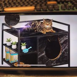 Creatart Jumbo Litter Box Furniture with 2  tier 30" Side Table And Charging Station.