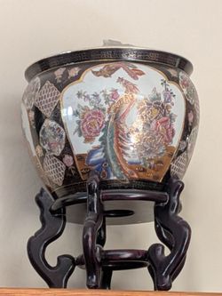 Chinese Black Porcelain Planter with Wood Stand