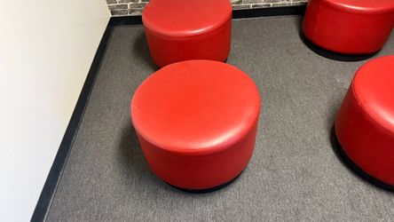 Set of 4 Red Round Leather Ottomans | Commercial Lounge Seating | Photo Props