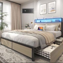 Lifezone Queen Bed Frame with Storage Drawers, Charging Station & LED Headboard Shelf — Brand New 