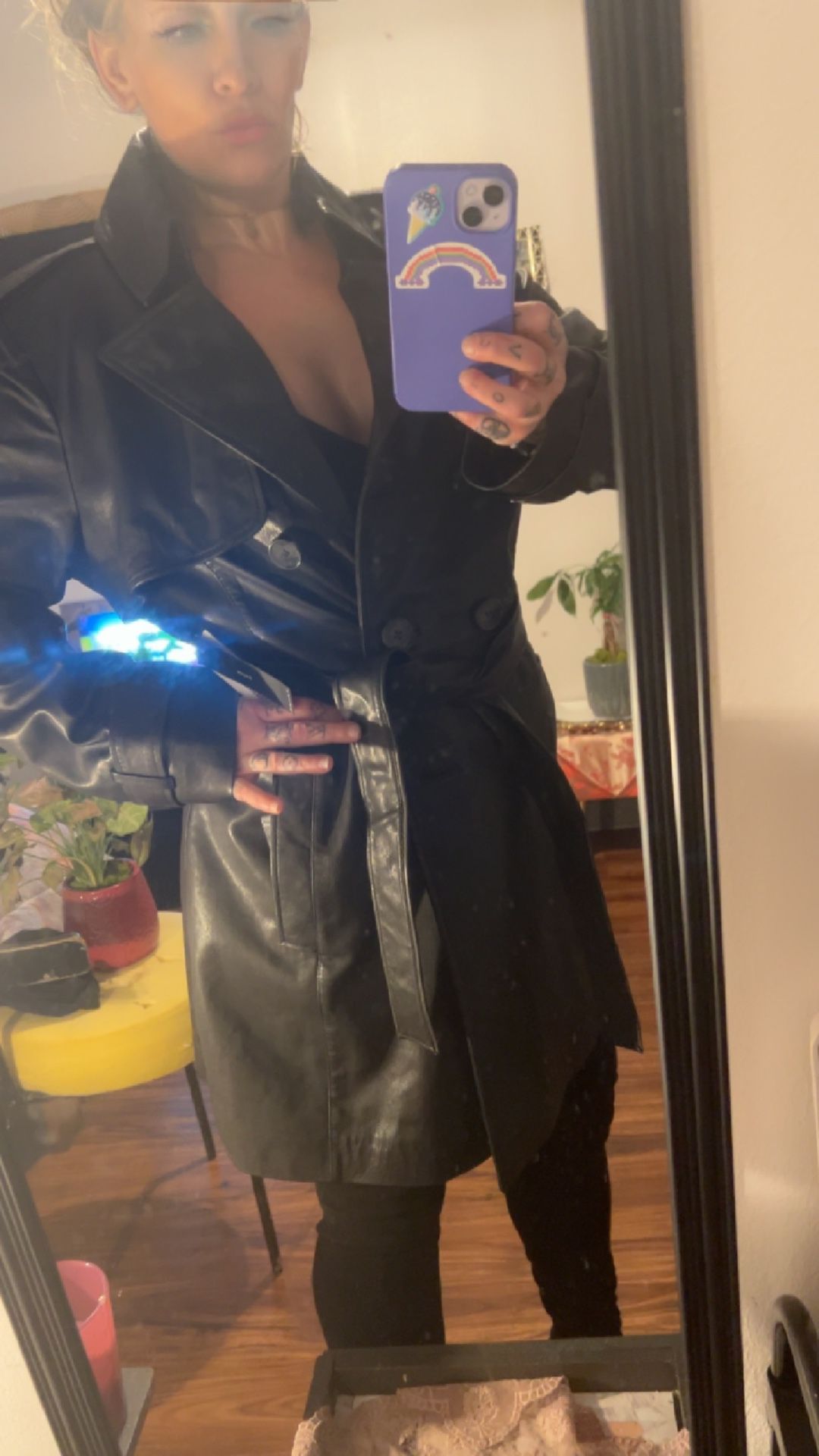 Black Leather Tahari Women’s Trench Coat Size L