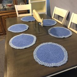 6 Blue Hand Crafted Placemats Or Doilies 
