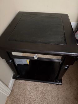 Espresso Side Table  with Crystal Knob & Faux Leather Top – $15
