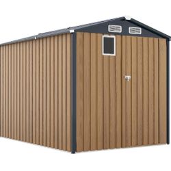 Open Box Complete 6x8FT Outdoor Steel Storage Shed with Clear Window Lockable Doors Metal Tool Shed