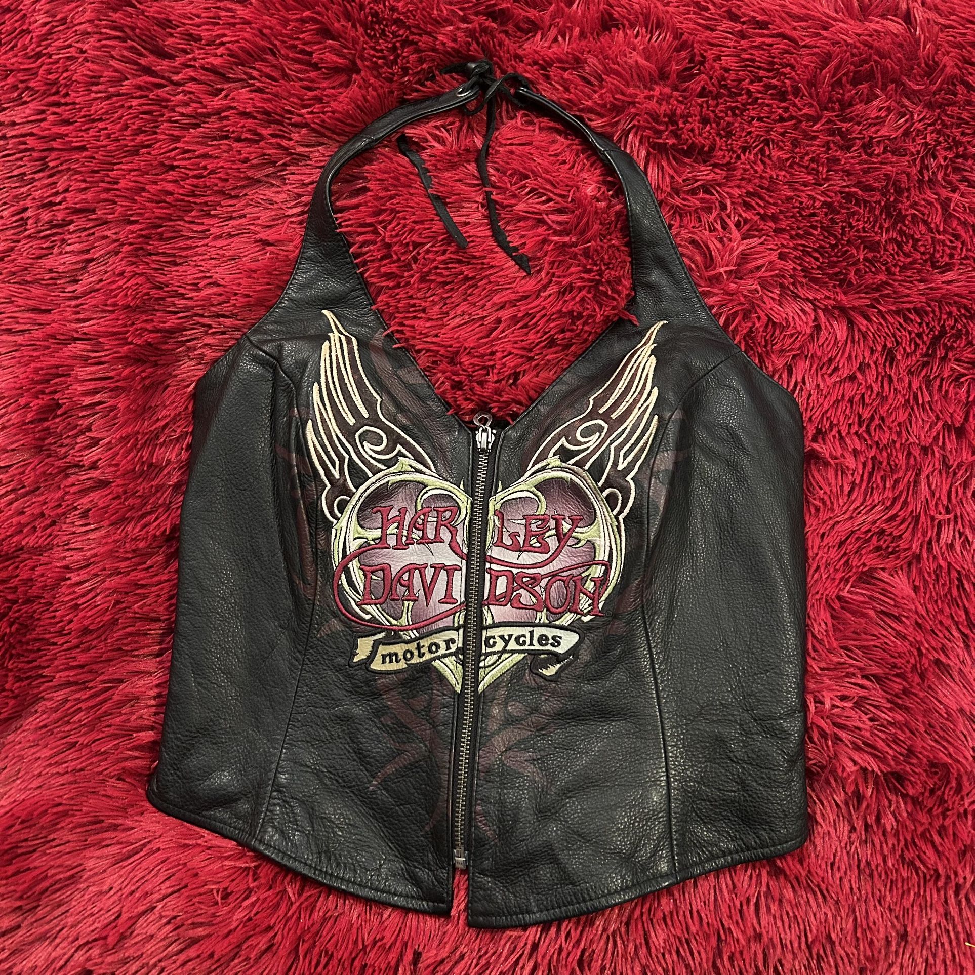 Harley Davidson Leather Front Zippered Halter Vest Embroidered Heart Flames S