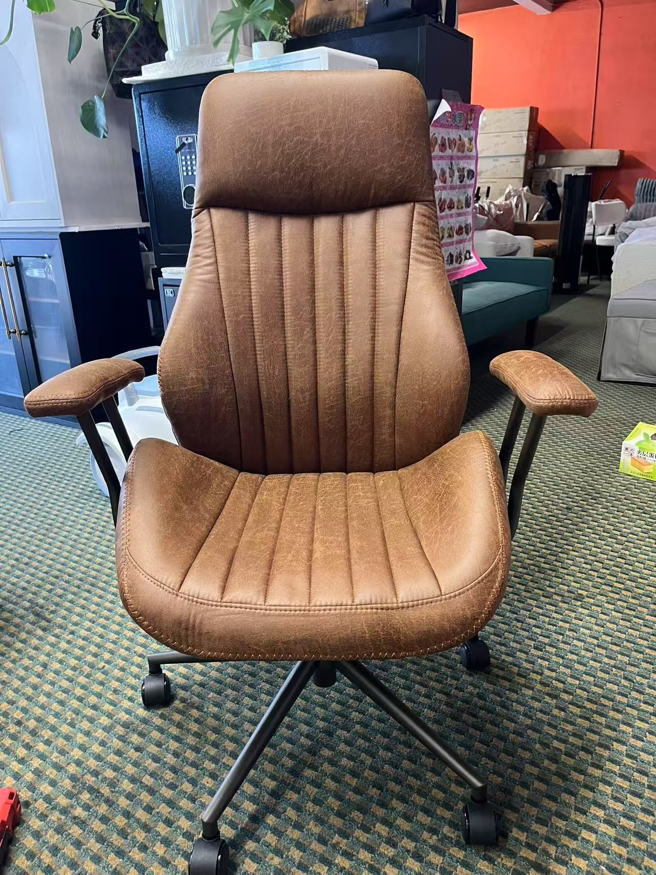 Ergonomic Home Office Chair, Mid-Century Modern Faux Leather Chairs with Padded Armrests, Comfy High Back Swivel Rolling Executive Computer Armchair (