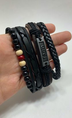 Adjustable Size up to 9.5inc Braided Multi-layer Leather Bracelet (Set of 4), Faith