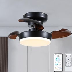 24" Modern Retractable Ceiling Fan with Light and Remote,Low Profile Flush Mount Ceiling Fans Indoor,Small Black Bladeless Ceiling Fans with LED Light