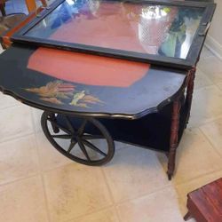 1940s Rolling Bar Tea Cart Asian Design 