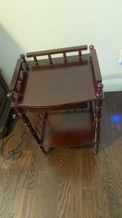 Vintage Dark Wood Side Table with Spindle Railing & Shelf