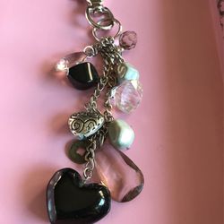 Open Box Silver Tone Black And Silver Puffy Hearts And Plastic Beads Long Keychain Purse Accessory 