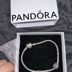 Pandora Sterling Silver Moments Heart Clasp Snake Chain Bracelet & June Charm