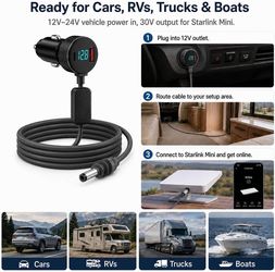 Starlink Mini Car Adapter, Starlink Mini Car Charger 12V-24V to 30V 2A DC Power Starlink Mini Cable, 18AWG 10FT/3M Cigarette Lighter Power Converter w