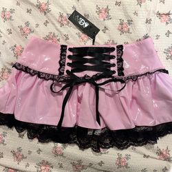 Dolls kill widow pink micro latex pink skirt