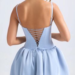 Oh Polly Lace-Up Bubble Hem Corset Micro Mini Dress in Light Blue