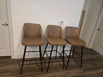 Set of 3 Brown Leather Barstools