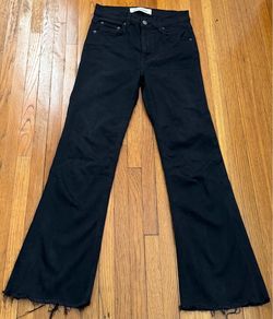 Reformation Flood & Flare high rise black Suez raw hem jeans, size 26 Made in USA