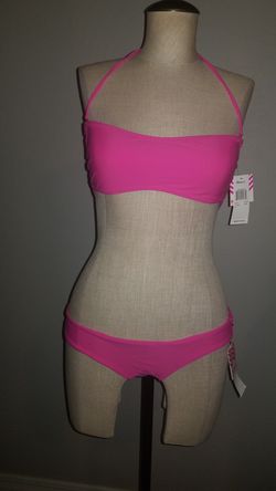 New size M medium juniors pink 2 piece strappy bikini top and cheekini bottoms reversible nwt