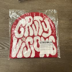 Red And White Colored Beanie With Design On Front And Back 