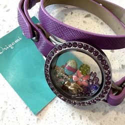 NEW Origami Owl Pastel Leather Wrap Bracelet Easter Cross Rhinestone Jewelry. 16 floating charms. Locket opens.  Purple pink adjustable bracelet chick