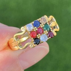 Gold Plated 9-Stone Navratna Gemstone Ring Sz 9.75