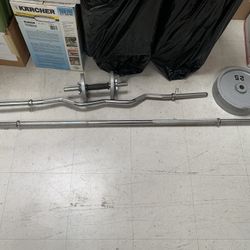 (Used) Bench Bar, Curling bar, Curling (small) Plus Weights