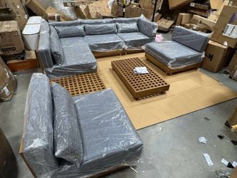 Homary 8-Piece Premium Teak Modular L-Shaped Outdoor Sectional Sofa Set In Gray(missing one pillow and end table)